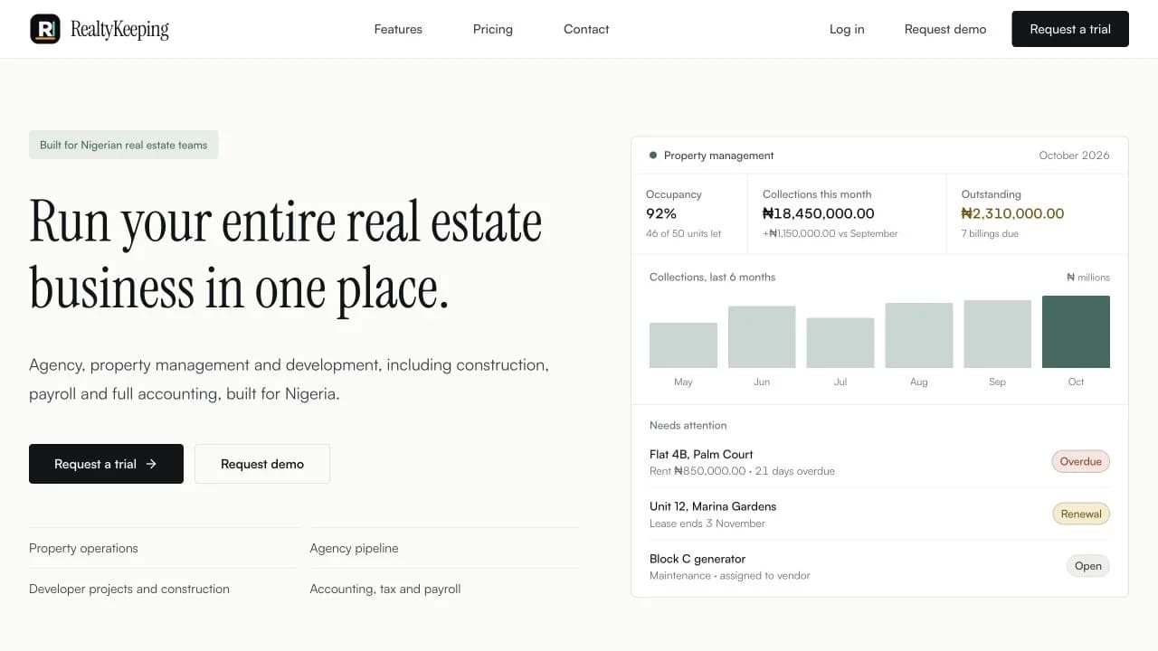 RealtyKeeping public website showing its product introduction and sample dashboard